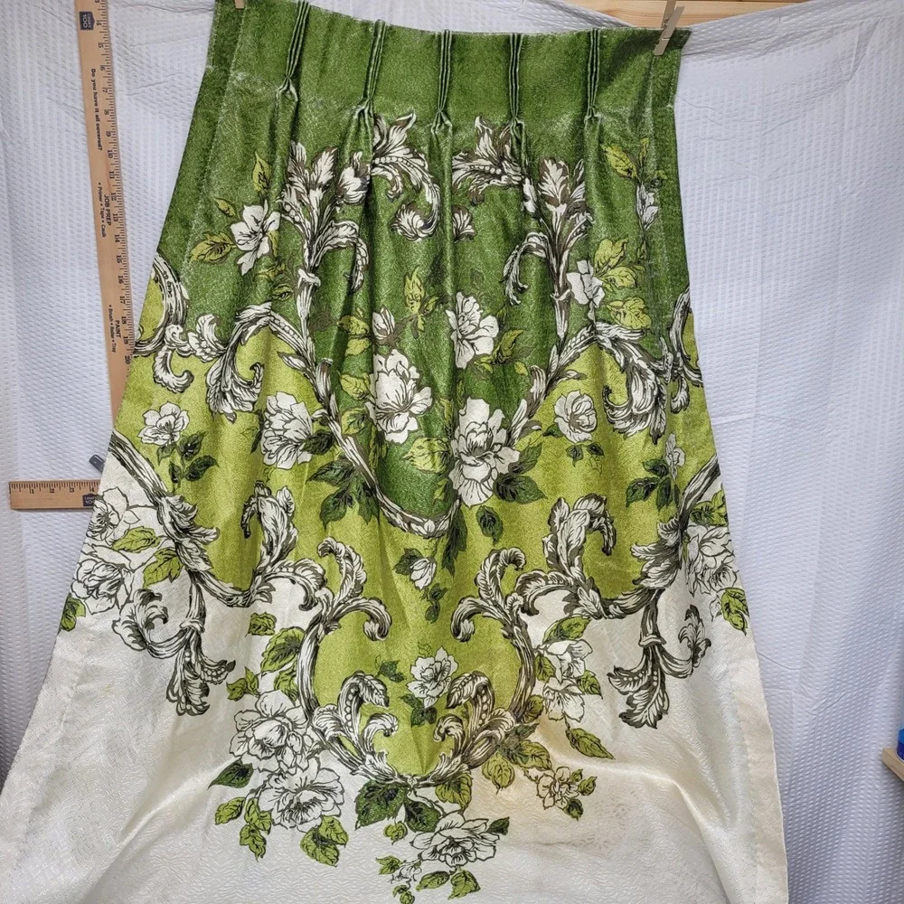 Vintage Floral Pinch Pleat Curtain 2 Panels Green Cream Brocade Botanical 63x39